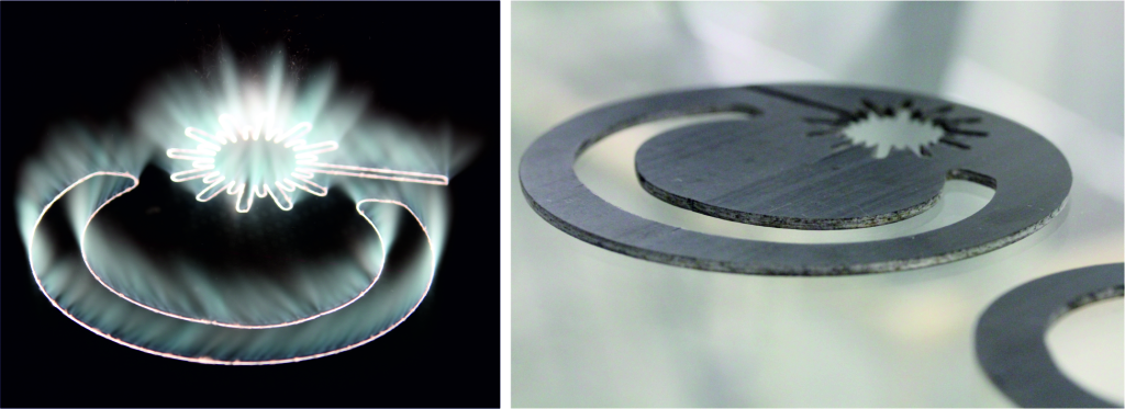 Figure 4. Laser-based CFRP cutting process (left) and cut specimens (right)