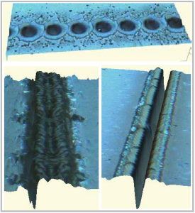 Figure 3. Low overlap resulting in individual holes, high overlap resulting in debris build-up, good scribe with clean edges