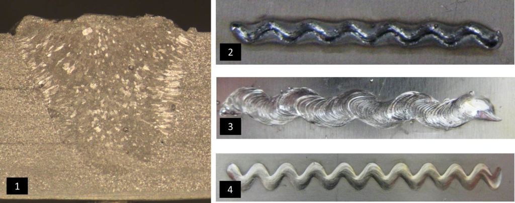 Figure 4. 3-T aluminum joint, with each layer measuring 1.5 mm (1); high-strength steel weld (2); aluminum weld (3); and stainless steel weld (4)