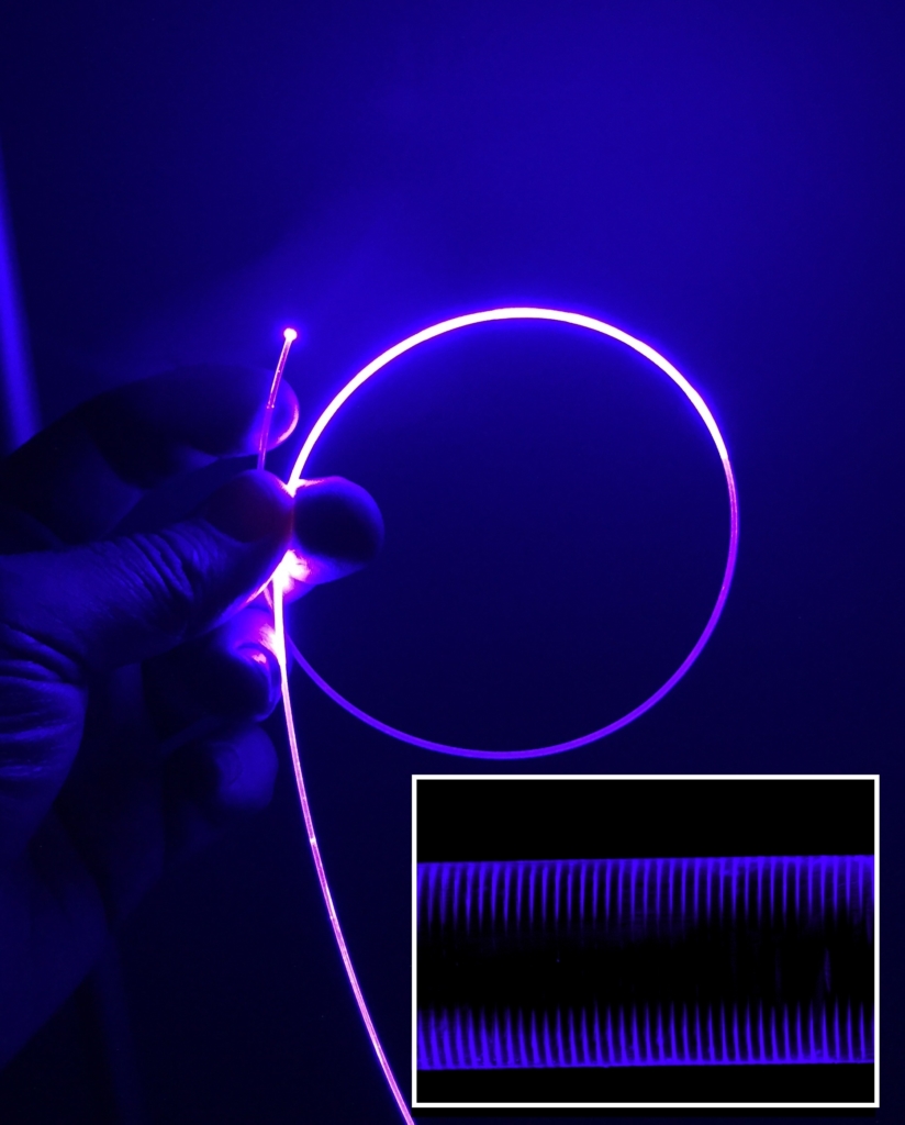 Image Caption: Laser generated side-emitting fiber with 420 nm Violet light. Inset: Close-up of illuminated micro-discontinuities in side-emitting optic fiber. ©Alan Conneely, NUI Galway